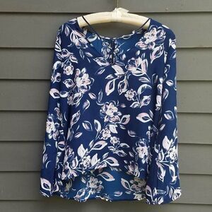 Lush Blue White Floral Semi Sheer Top size Medium